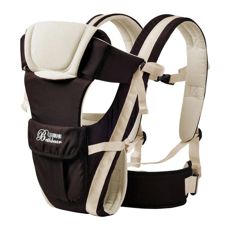 Double shoulder baby carrier with hip seat support in khaki, blue, orange, and pink colors