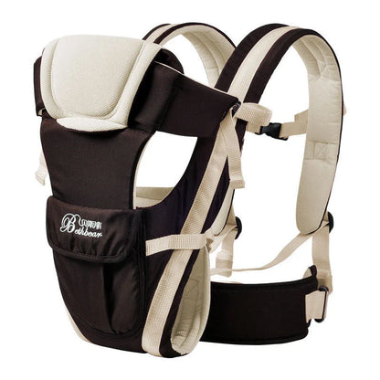 Double shoulder baby carrier with hip seat support in khaki, blue, orange, and pink colors