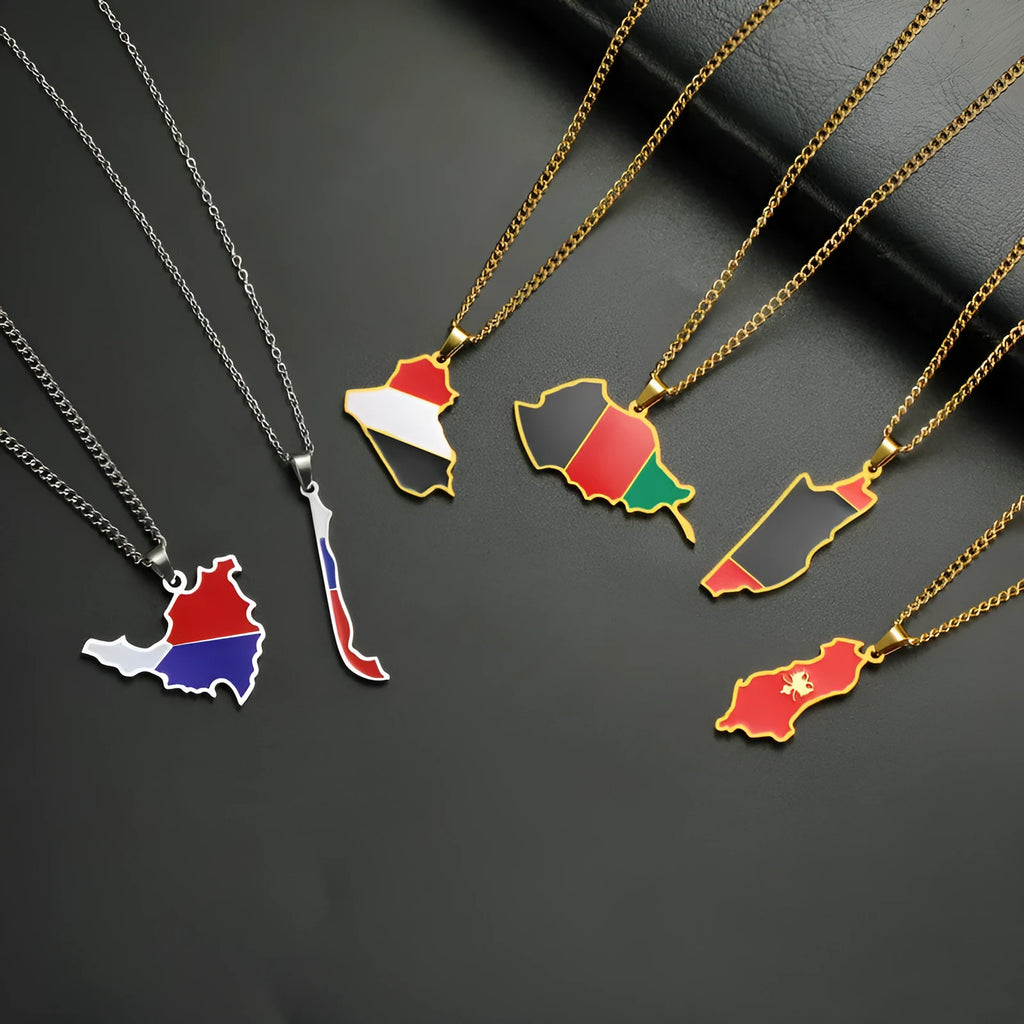 Countries map drop oil necklace pendant in titanium steel with O-ring chain gold colour