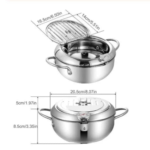 Telescopic stainless steel frying basket with removable thermometer, suitable for gas and induction cooking