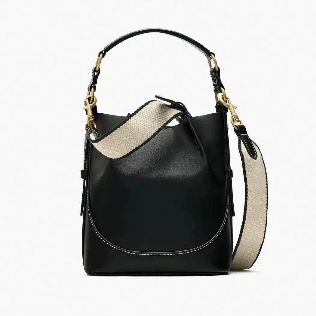 Fashion drawstring canvas contrast colour casual one-shoulder bucket bag in black with PU lining and double straps