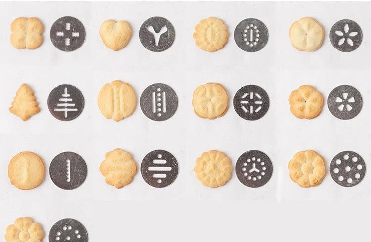 Stainless steel biscuit press with 13 moulds and 8 nozzles for baking and decorating