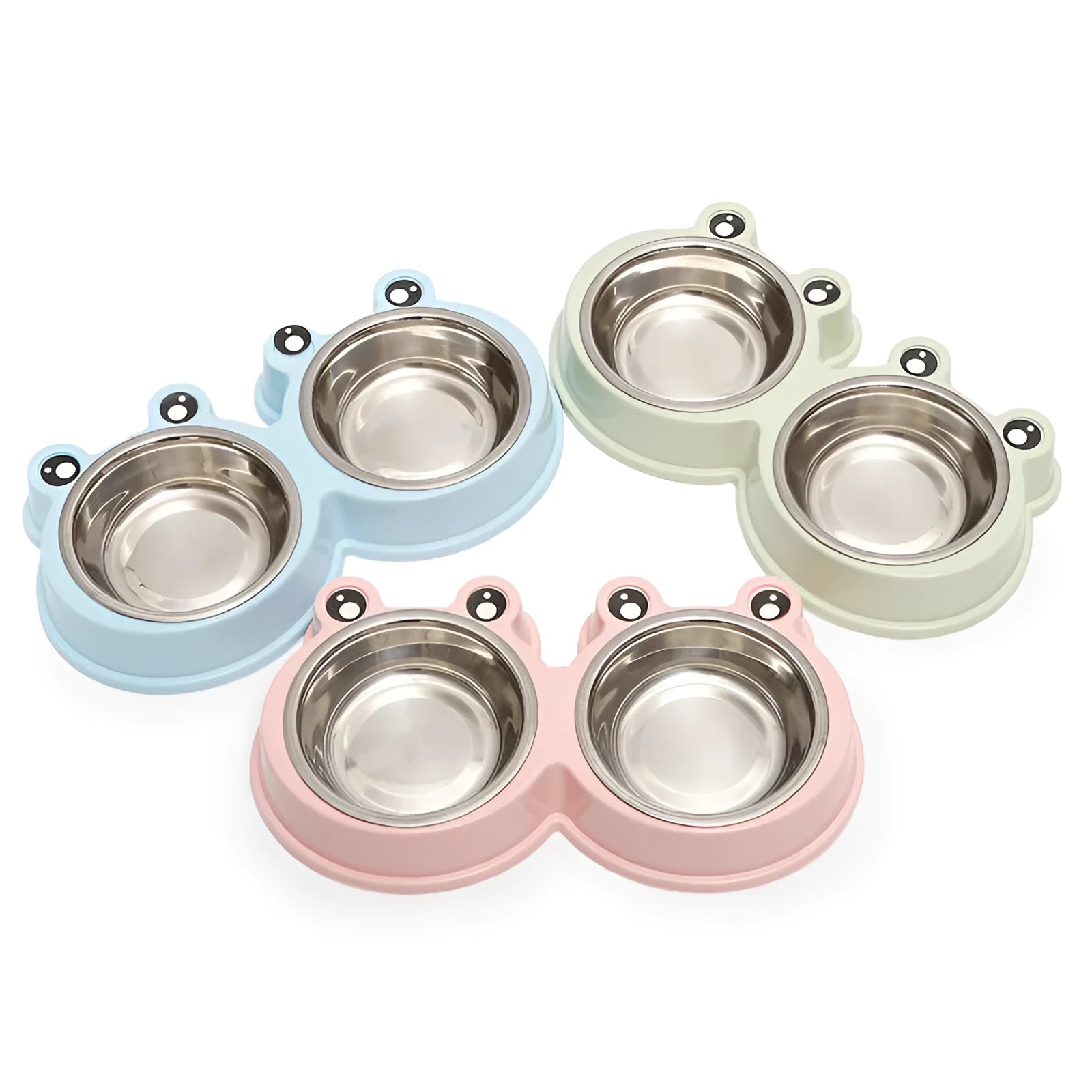 Blue stainless steel double pet bowl with frog design and non-slip base for cats and dogs