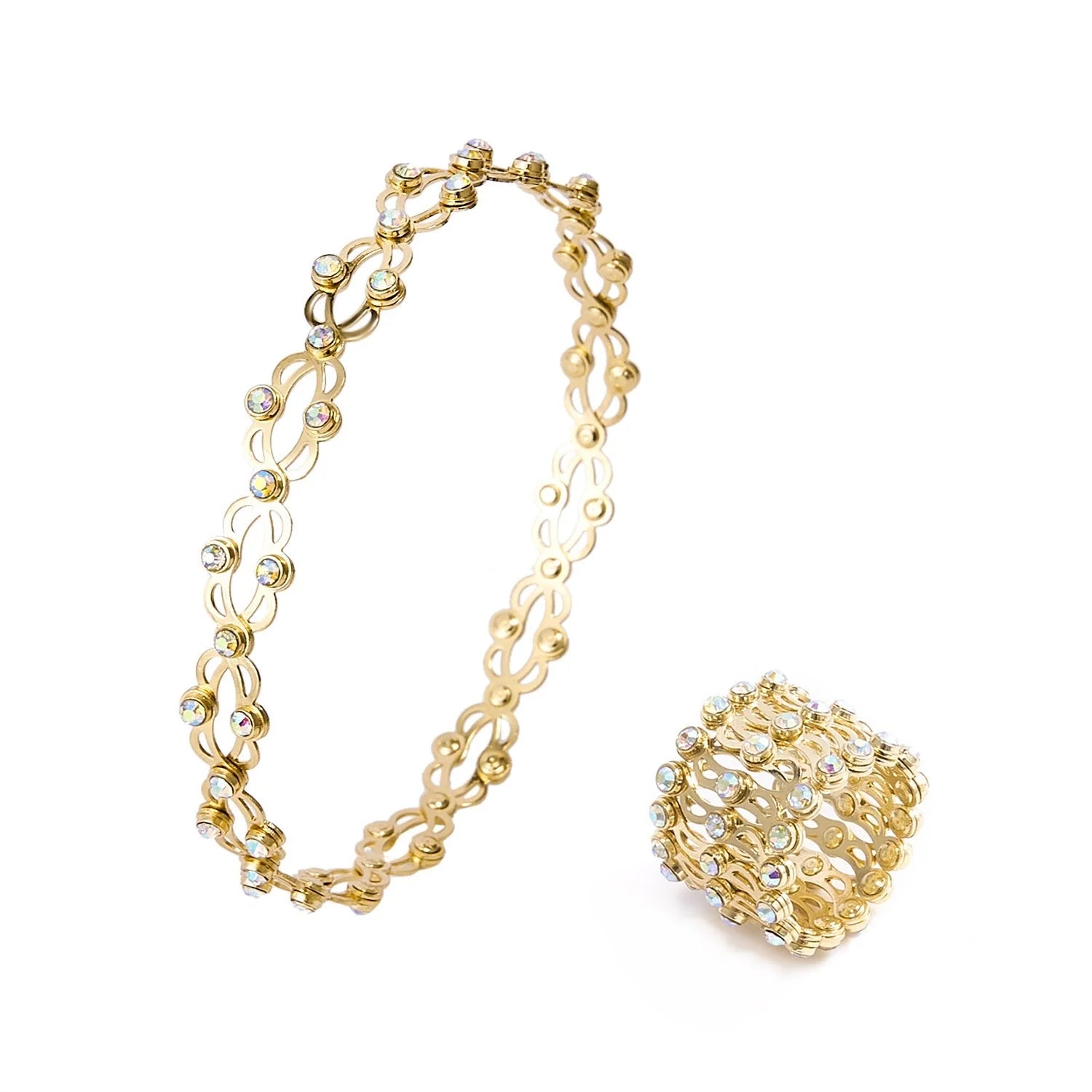 Adjustable 2-in-1 folding retractable rings bracelet with rhinestone inlay