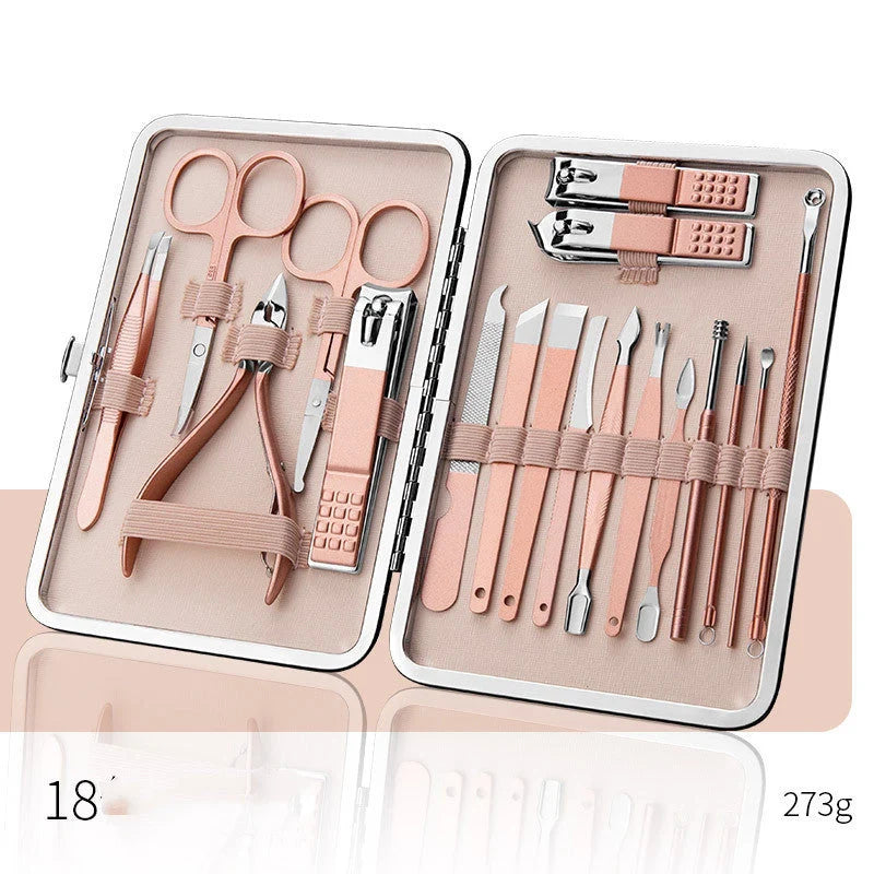 Professional Nail Care Set with stainless steel tools in a leather case