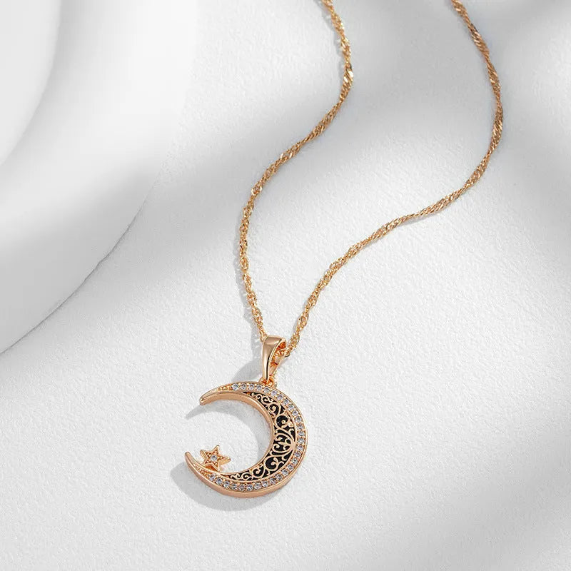 Rose gold star moon pendant necklace with enamel and zircon on adjustable water wave chain