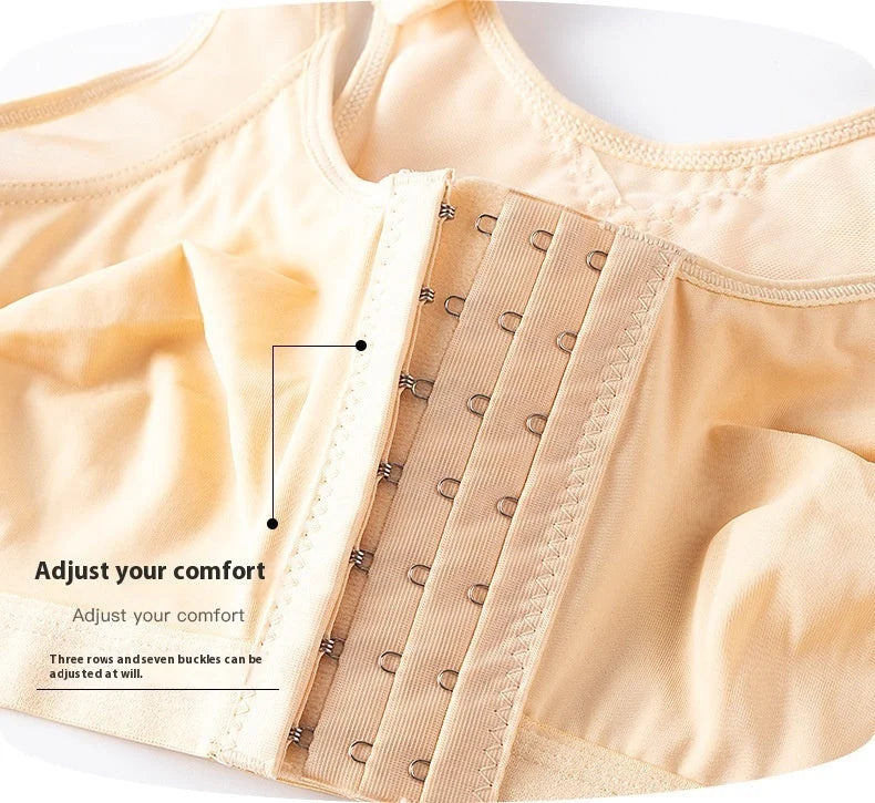 Front Buckle Closed Sports Bra in plus sizes, available in white, black, and apricot