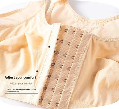 Front Buckle Closed Sports Bra in plus sizes, available in white, black, and apricot