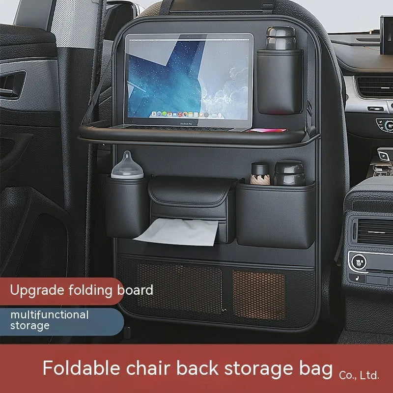 Waterproof leather car seat lazyback storage bag with foldable dining table, shown in black.