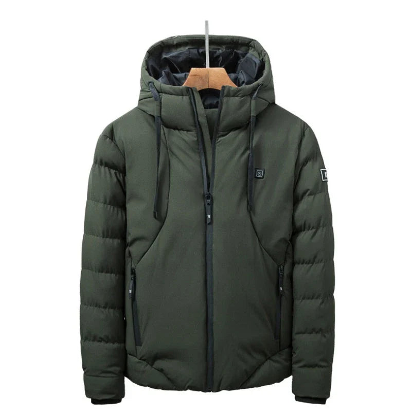 USB-powered heated down jacket in army green, black, and grey colors with various size options