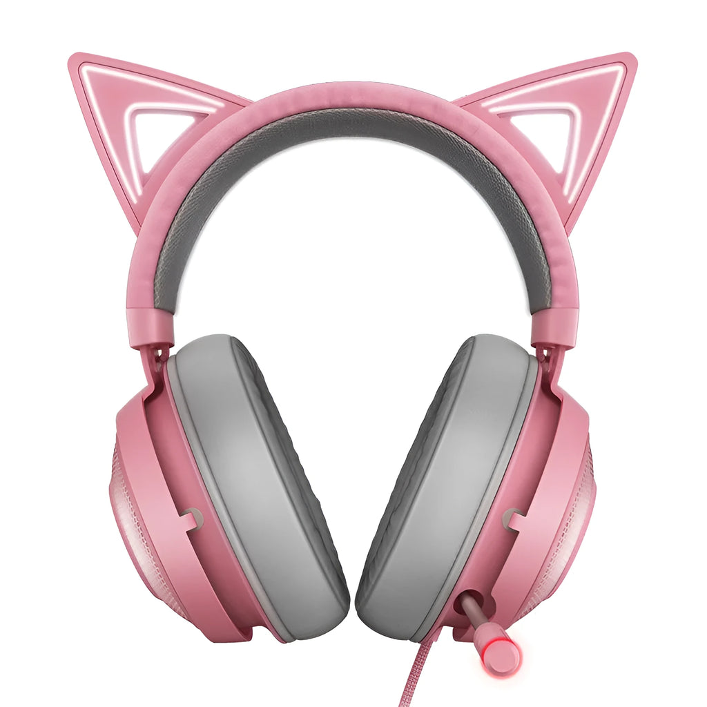 Pink glowing cat earphones wired USB headset with LED lights for kids