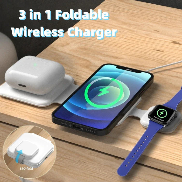 Foldable 3-in-1 wireless charging station with 15W fast charging for smartphones, smartwatches, and wireless earbuds