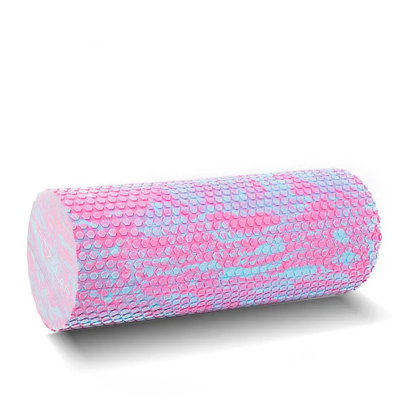 Solid EVA foam yoga roller in pink and blue, 30cm and 45cm lengths, on a yoga mat
