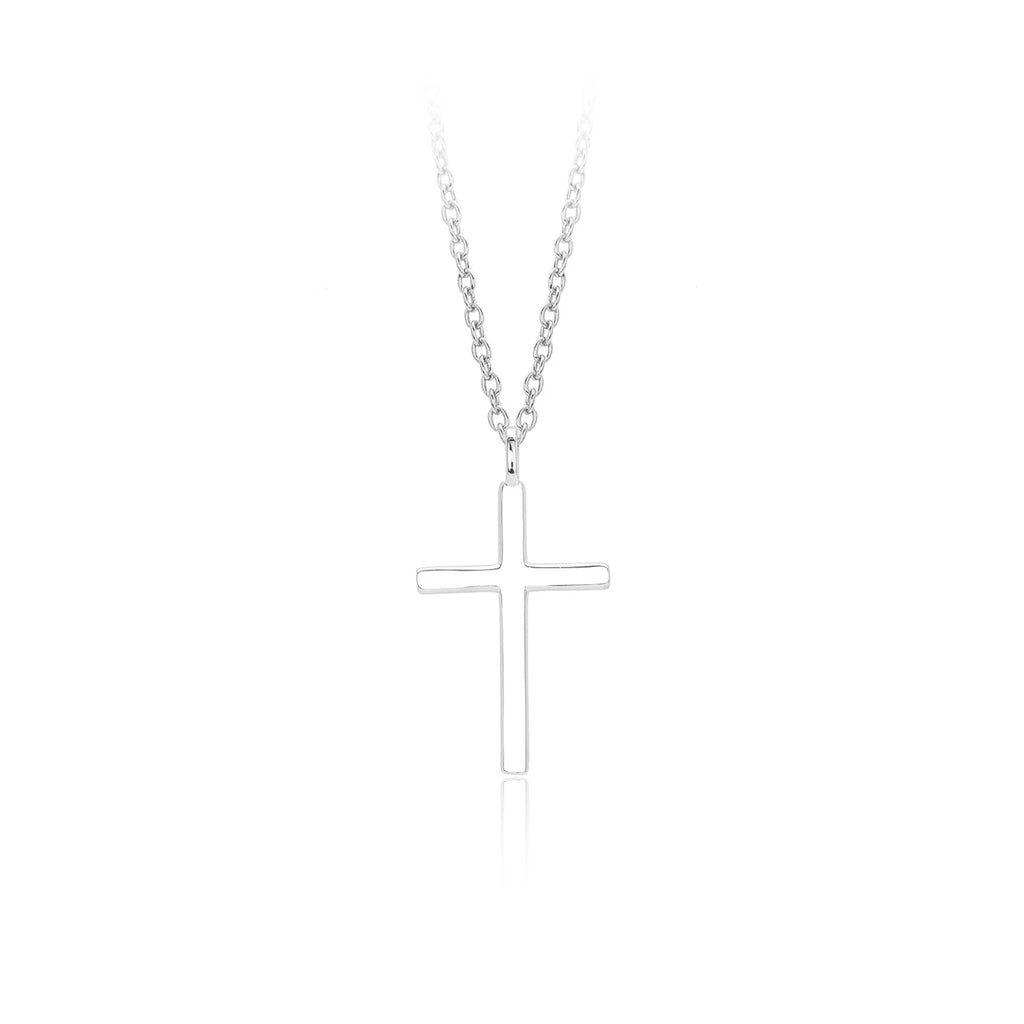 Simple glossy cross pendant on an O-shaped sterling silver chain necklace.