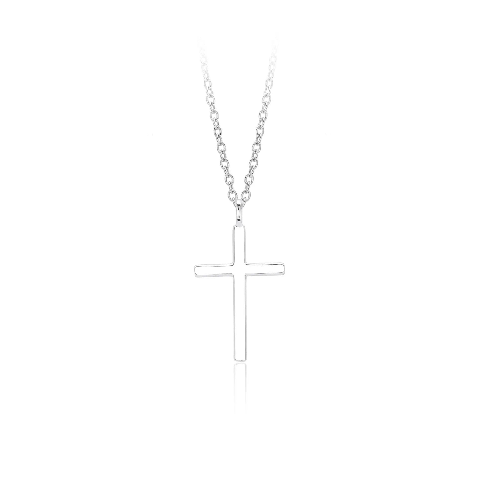 Simple glossy cross pendant on an O-shaped sterling silver chain necklace.