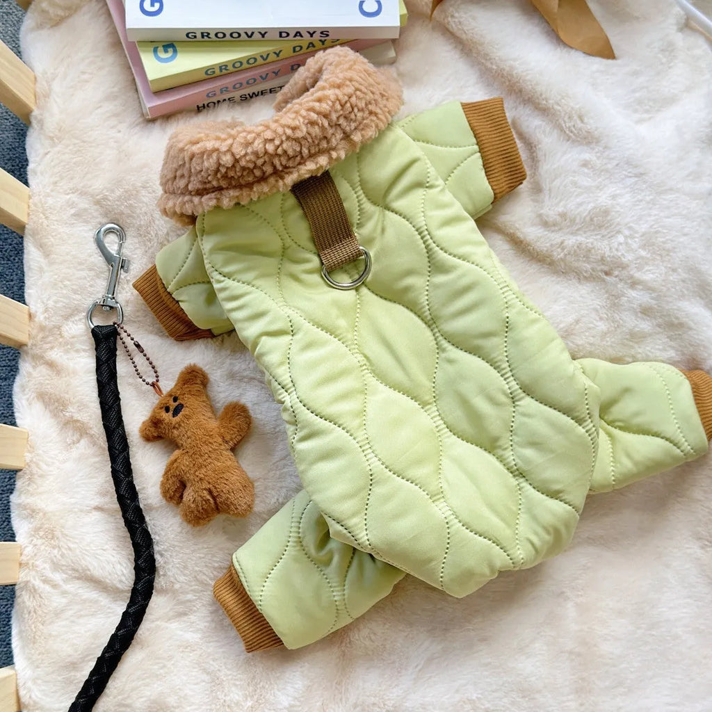 Light green cotton pet clothing with extra thick band and toy bear pendant on a dog