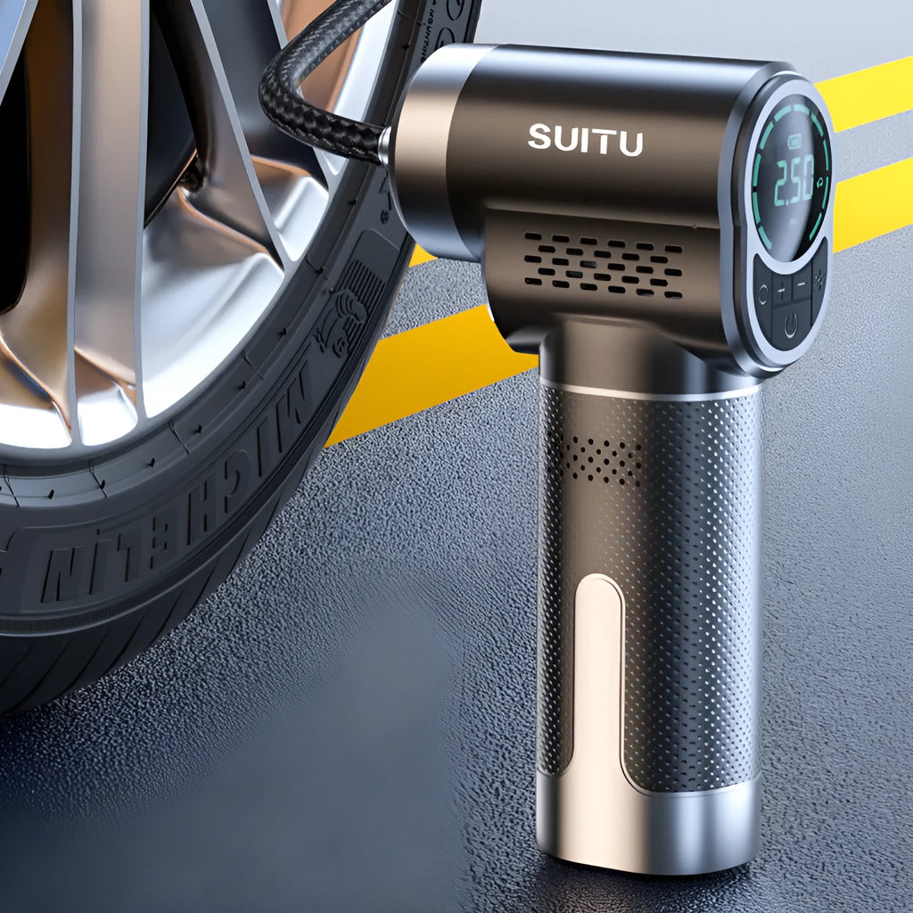 ST-5518 portable wireless air pump with LED light showing compact dimensions and included nozzle attachments