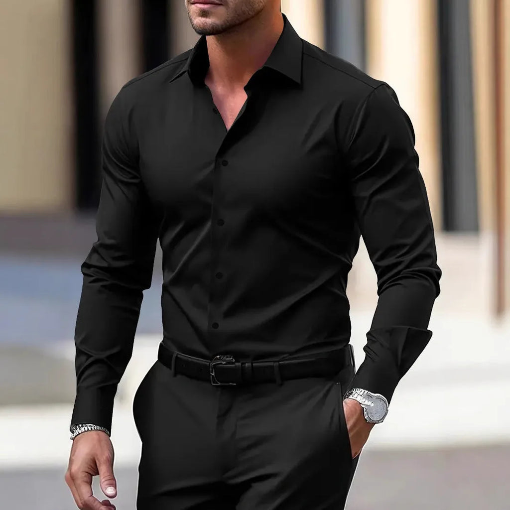 Men's business button down shirt in velvet polyester fabric, long sleeve lapel style, solid colour available in navy blue