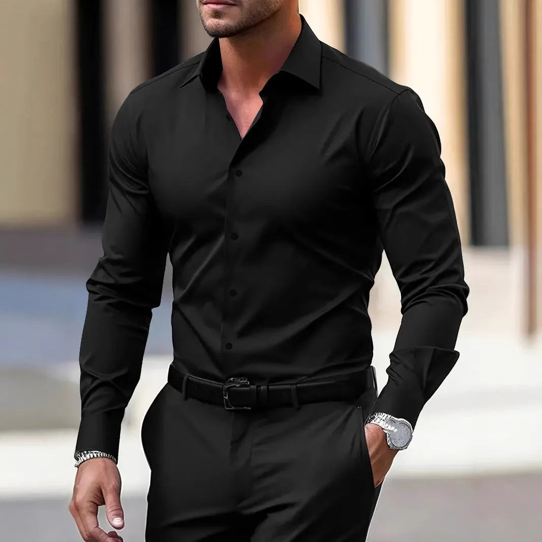 Men's business button down shirt in velvet polyester fabric, long sleeve lapel style, solid colour available in navy blue