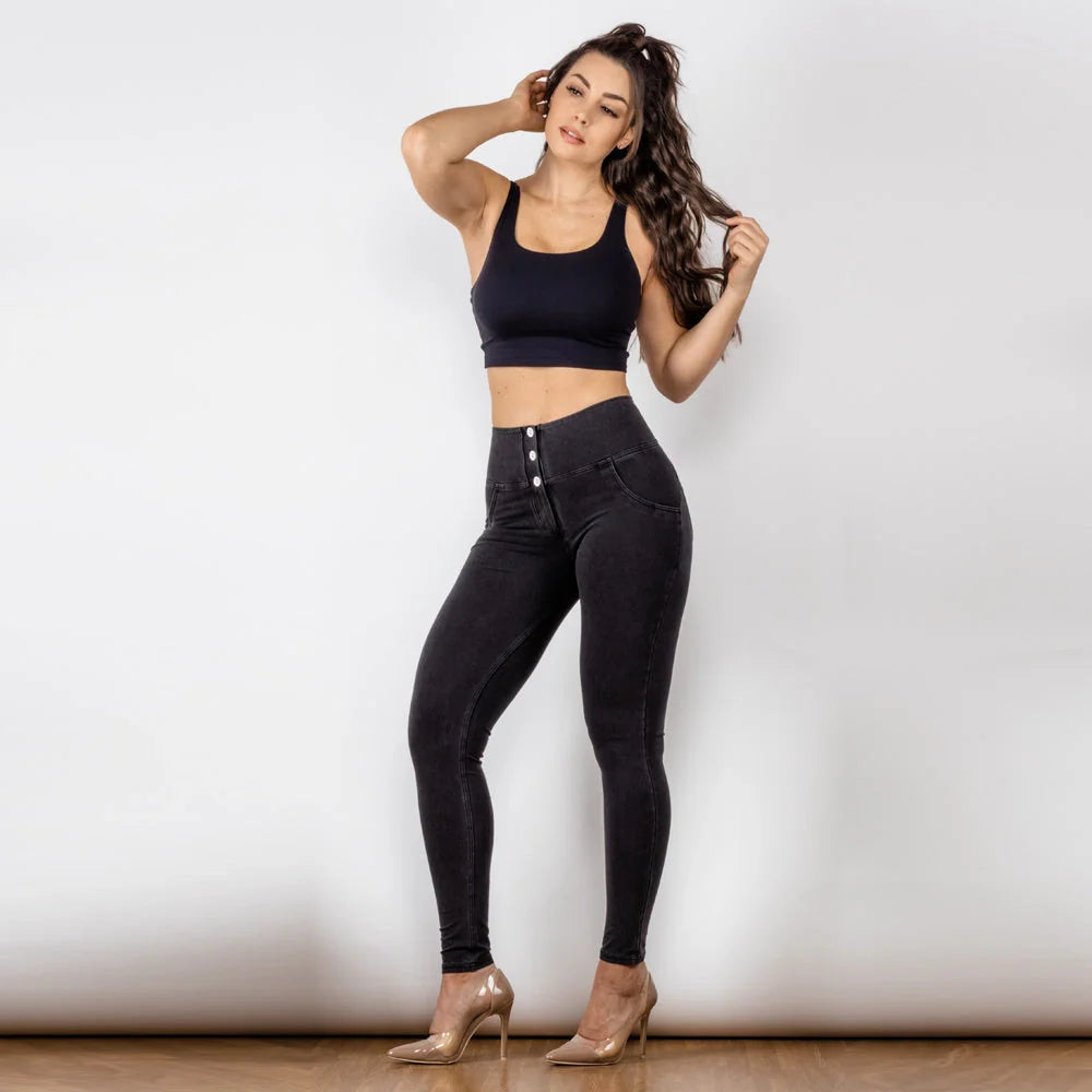 Black women's high waist jeans with button-up hip raise in British style