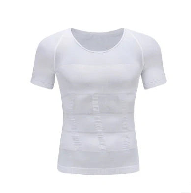 Men's slimming compression t-shirt in blue, black, or white, offering waist protection and support.