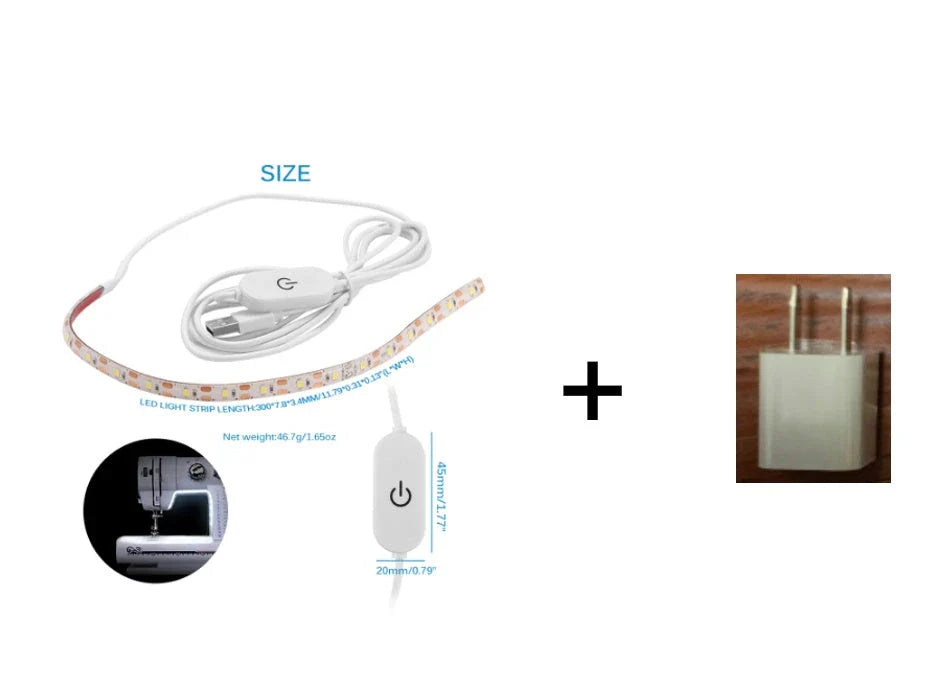 Sewing machine LED light strip with touch-sensitive dimming controls, providing ample illumination for crafting projects