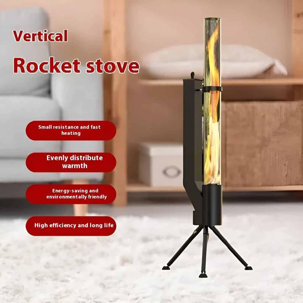Vertical iron wood burning rocket furnace stove for outdoor courtyard heating.