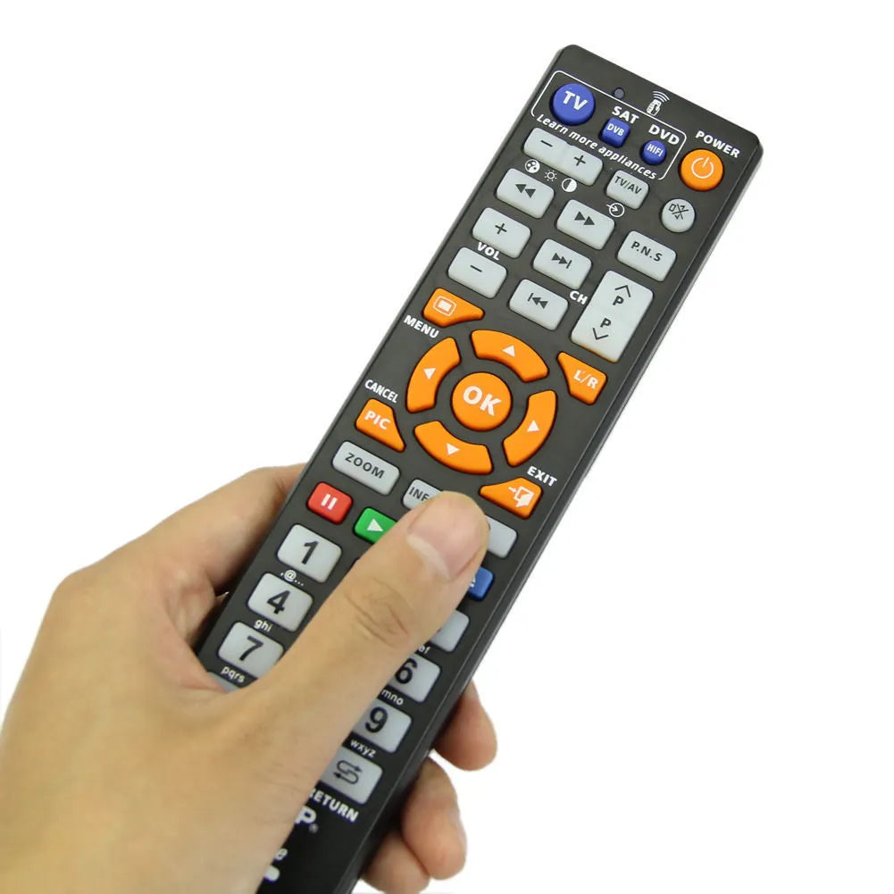 Black L336 universal learning remote control with infrared transmitter and standard entertainment button layout