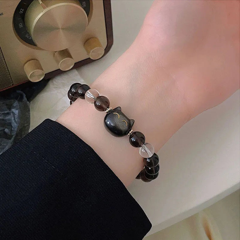 Women's opal cat head charm bracelet with 8mm ice stone on natural silver tone chain