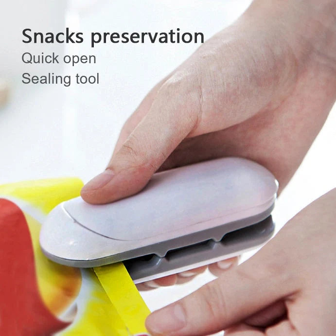 Mini Portable Heat Sealer for plastic packaging and food snacks in grey and brown