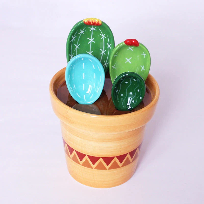 Ceramic measuring spoon set with cactus-inspired base in vibrant colors, perfect for baking and cooking