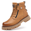 Men's brown leather high-top Martin boots with side zipper and round toe on a rubber sole.