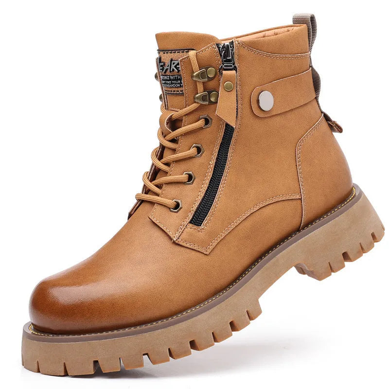 Men's brown leather high-top Martin boots with side zipper and round toe on a rubber sole.