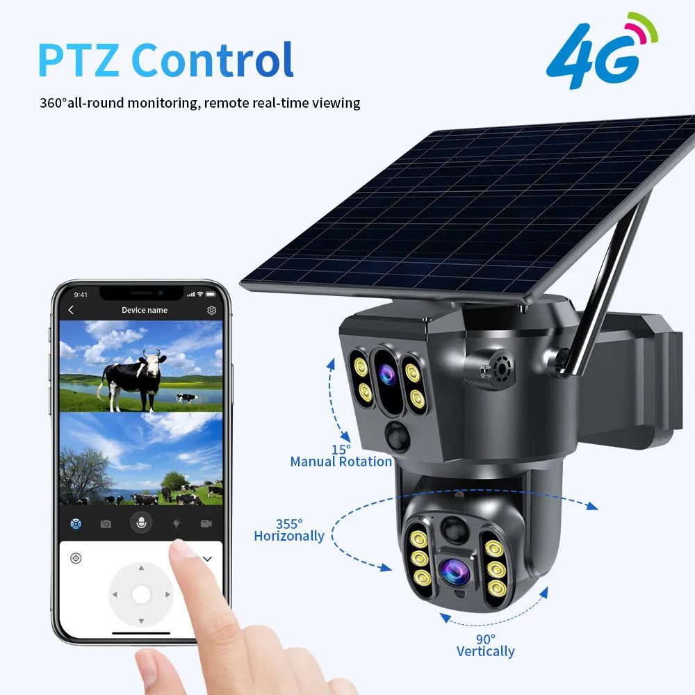 Solar-powered dual-lens outdoor security camera with wall mount bracket and ABS plastic housing