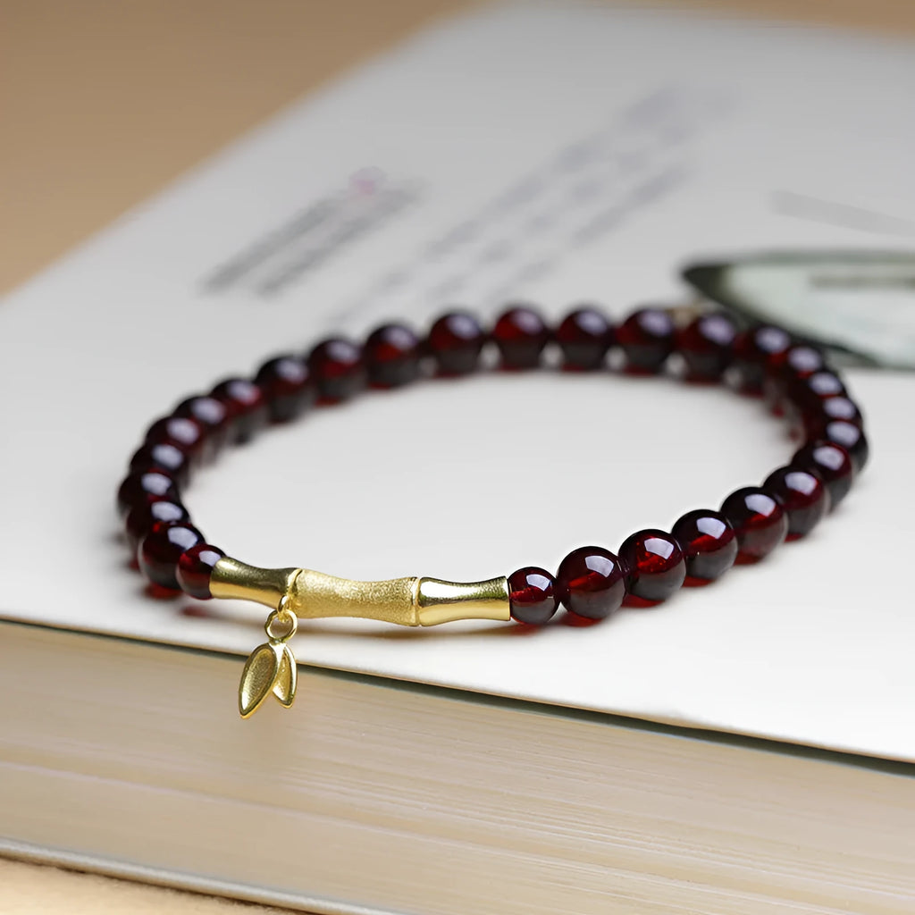 6mm garnet single ring bracelet with adjustable bamboo joint clasp in copper or silver finish