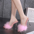 Pointed toe feather stiletto sandals with 12cm heel and PU upper in apricot colour
