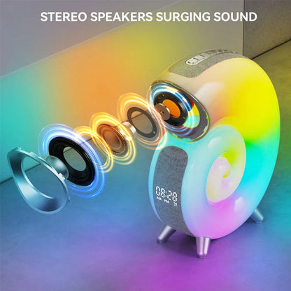A smart RGB atmosphere light with Bluetooth speaker, alarm clock, and white noise machine for customizable sleep and relaxation.