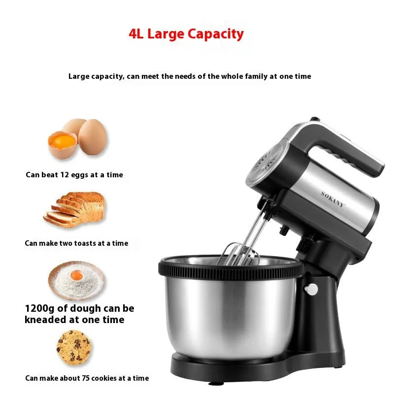 Black household electric flour-mixing machine with 1000W power and compact 28x22x35cm size