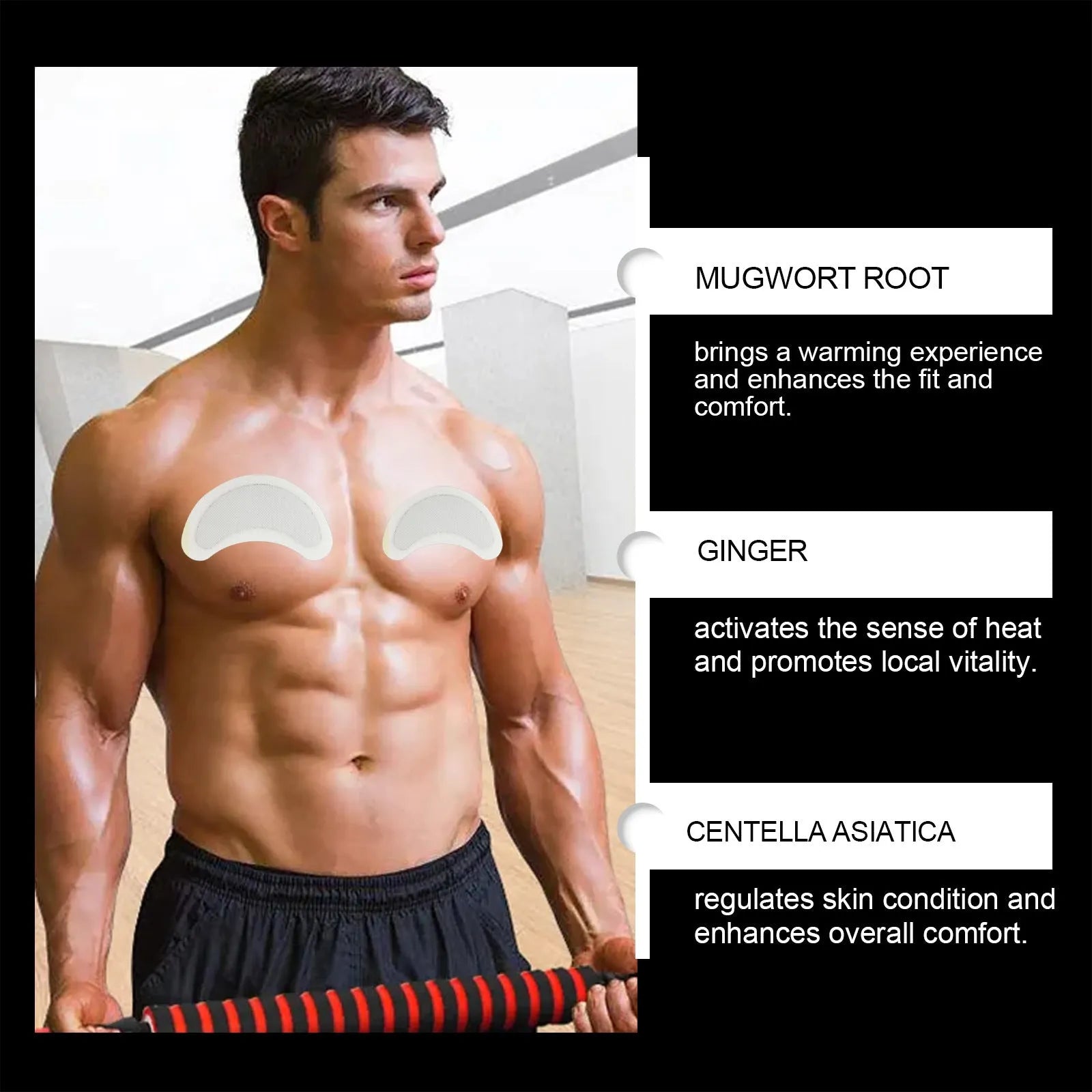 Men's figure control chest patches set of 4 with herbal ingredients including mugwort and ginger