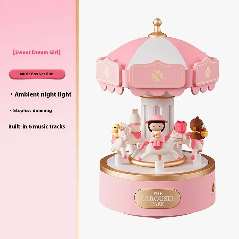 Carousel music box ambience light with USB charging, built-in battery, rotating design, and colour options Sweet Dream Girl Eternal Love Merry Christmas