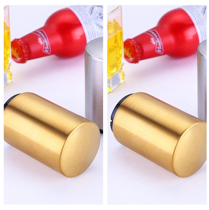 Stainless steel magnetic beer bottle opener with brushed metal finish