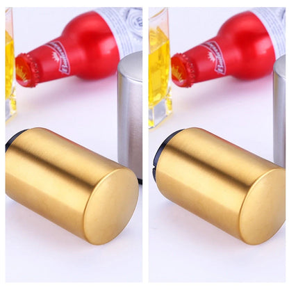 Stainless steel magnetic beer bottle opener with brushed metal finish