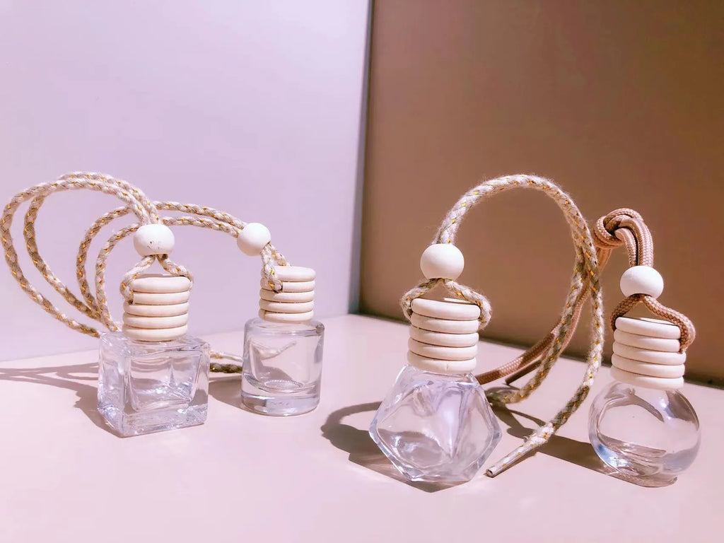 Car perfume pendant fragrance glass bottle in four container style options
