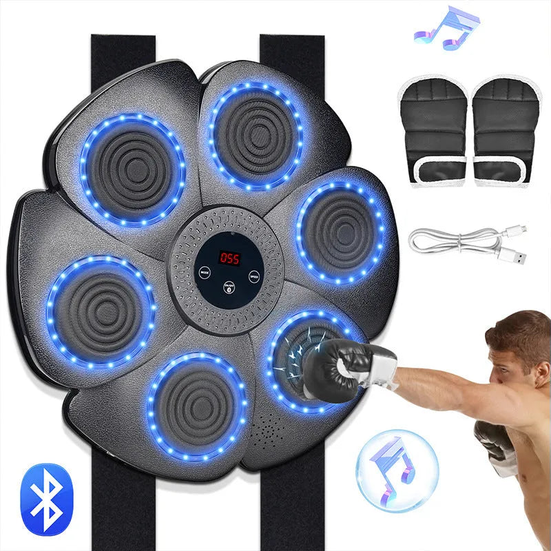 Black smart music boxing wall target with lights, paired with half-finger boxing gloves.
