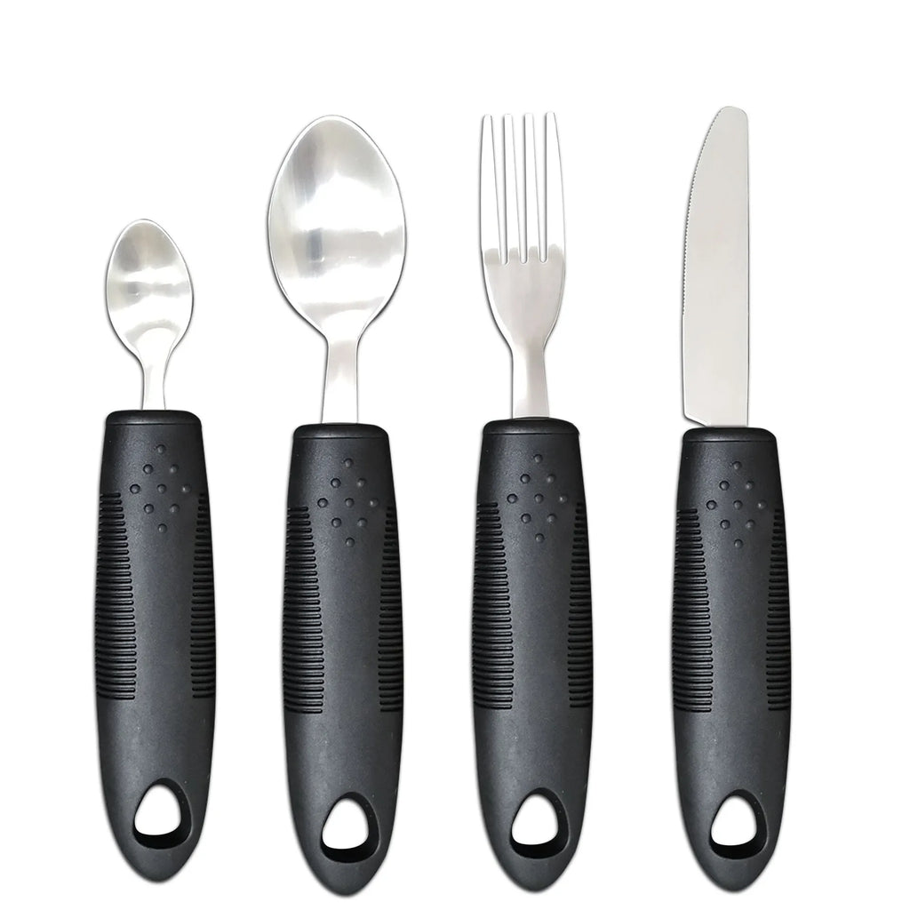 Stainless steel adaptive tableware with rubber handles including spoons and bendable utensils