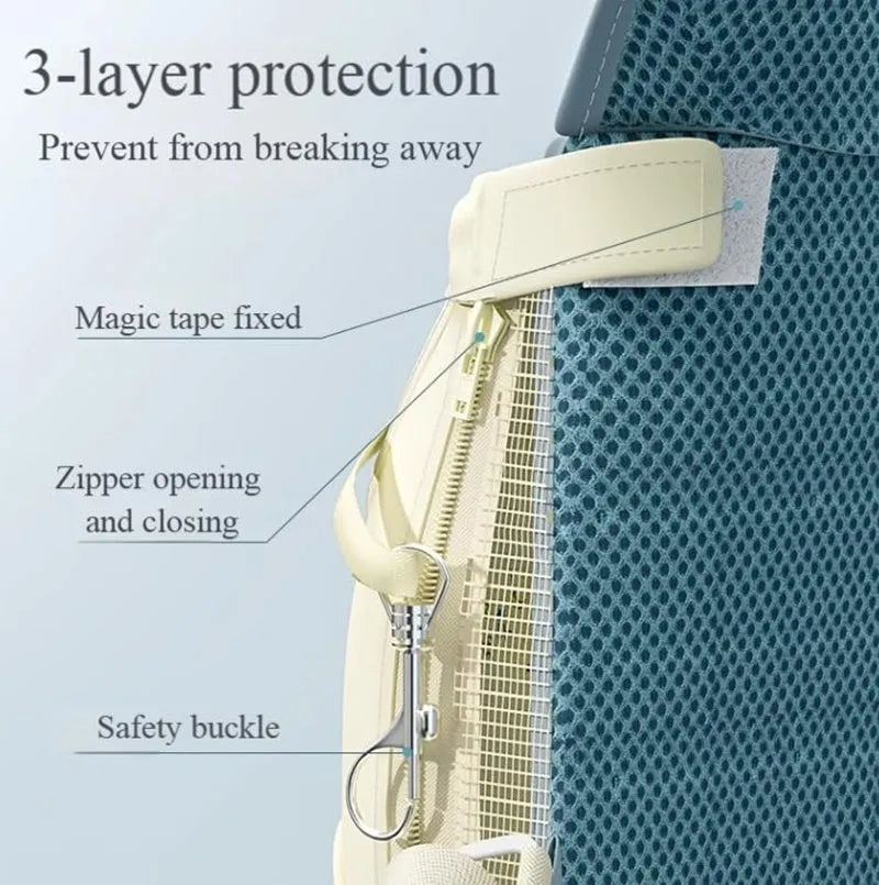 Breathable dog carrier backpack with adjustable chest harness and ventilated net panels for small pets, available in blue and pink