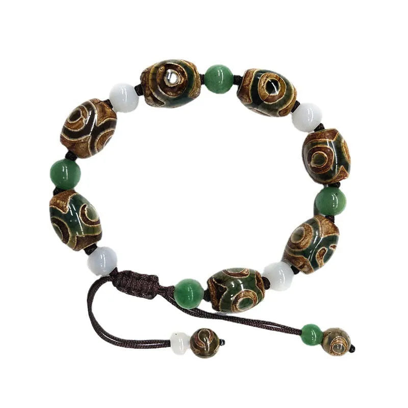 Green agate Tibet beads bracelet with three-eye hand-woven ethnic style geometric patterning