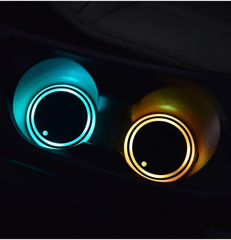 LED light-up car cup holder coaster showing seven colour options and non-slip surface