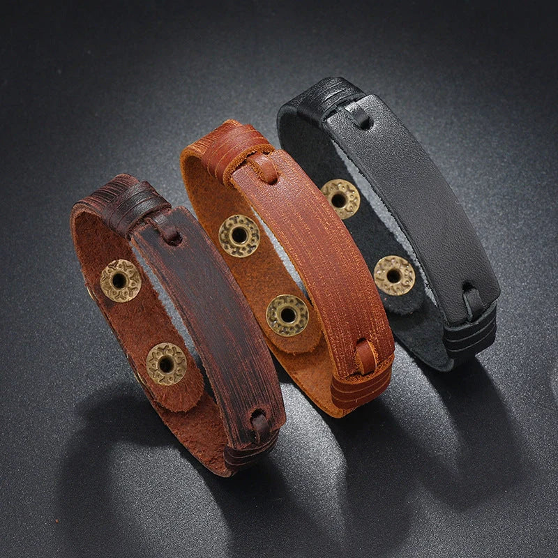 Adjustable Multi-layer Cowhide Leather Bracelet in Light Brown, Black, and Dark Brown