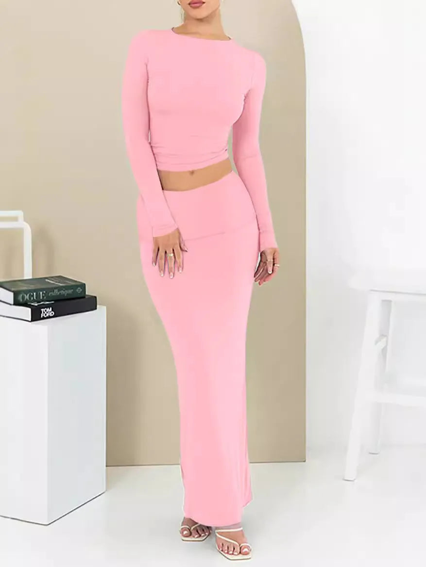 Women's autumn two-piece suit set in polyester with three-quarter sleeves and long skirt in sweet style
